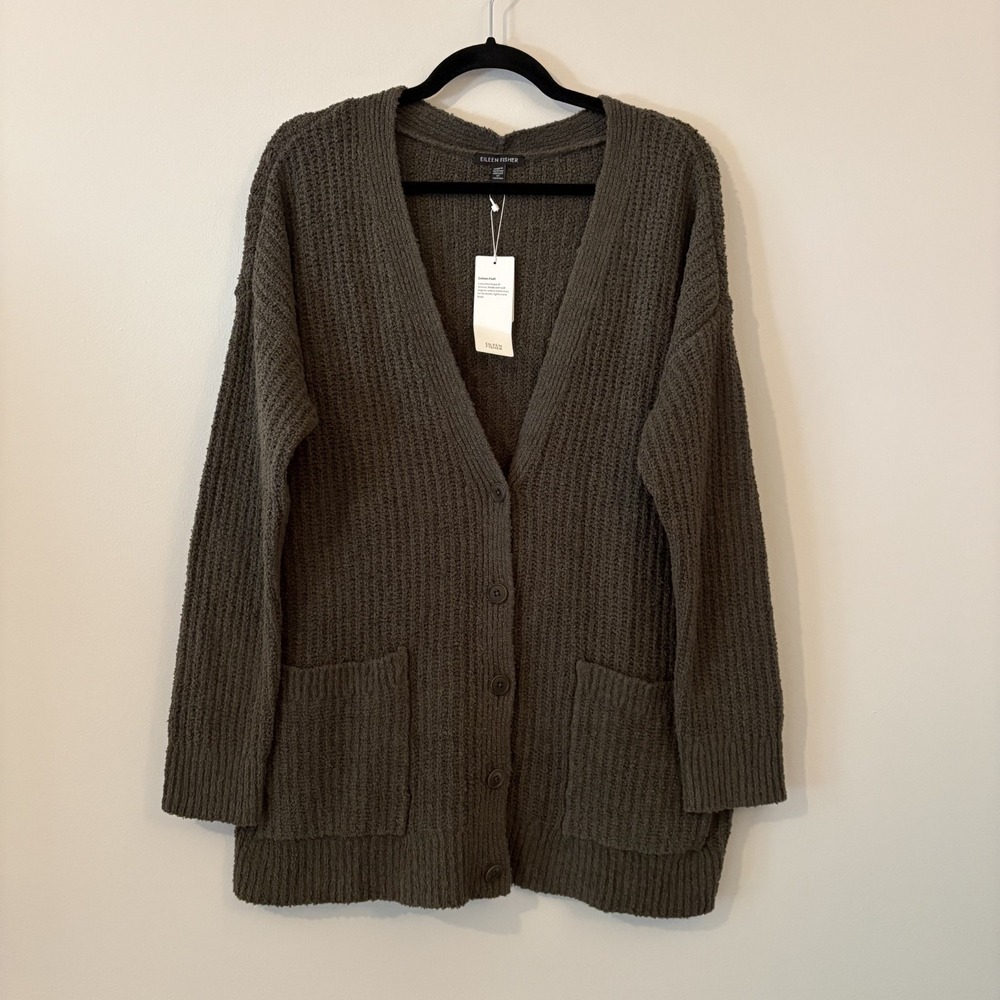 NWT Eileen Fisher Organic Cotton Fluff Cardigan Gray Size S Cashmere Oversized